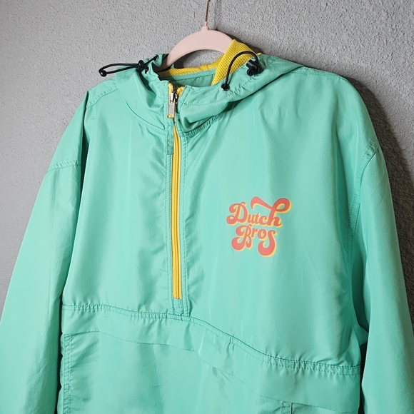 Dutch Bros Hoodie Mens Medium Pullover Logo Windbreaker Pouch Green Yellow - Picture 2 of 16